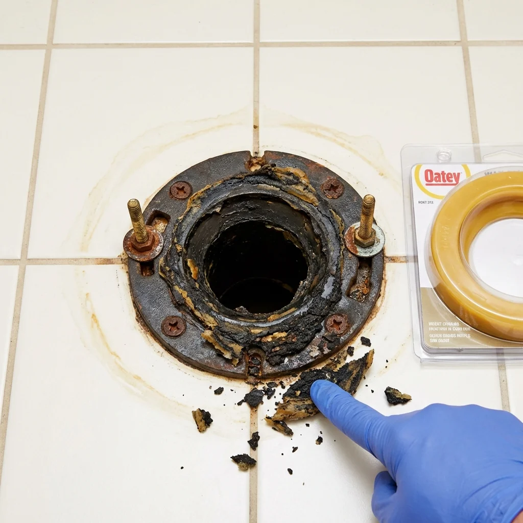 Failed wax ring showing water seepage at the base of a toilet in a Lincoln, AL home