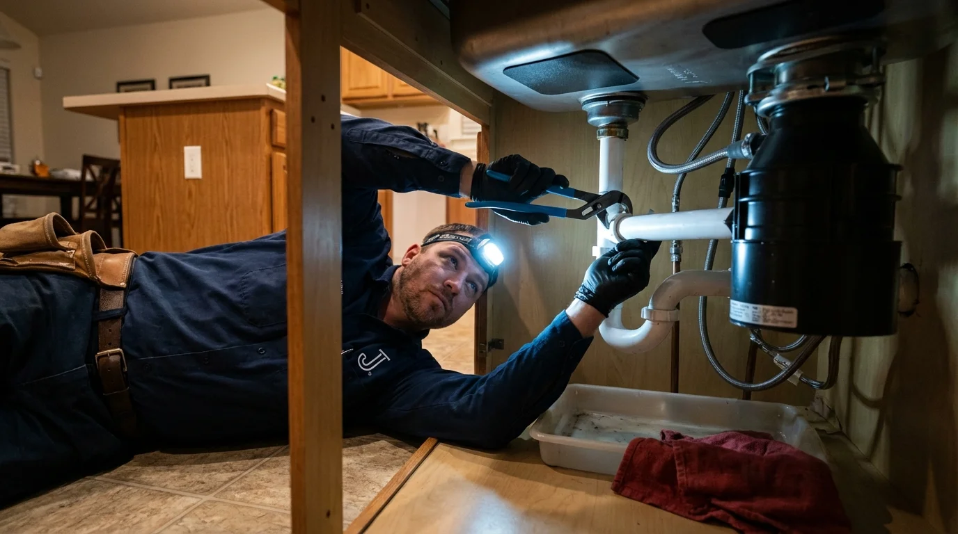 P-trap and supply line connections under a kitchen sink showing a common leak point in Lincoln, AL